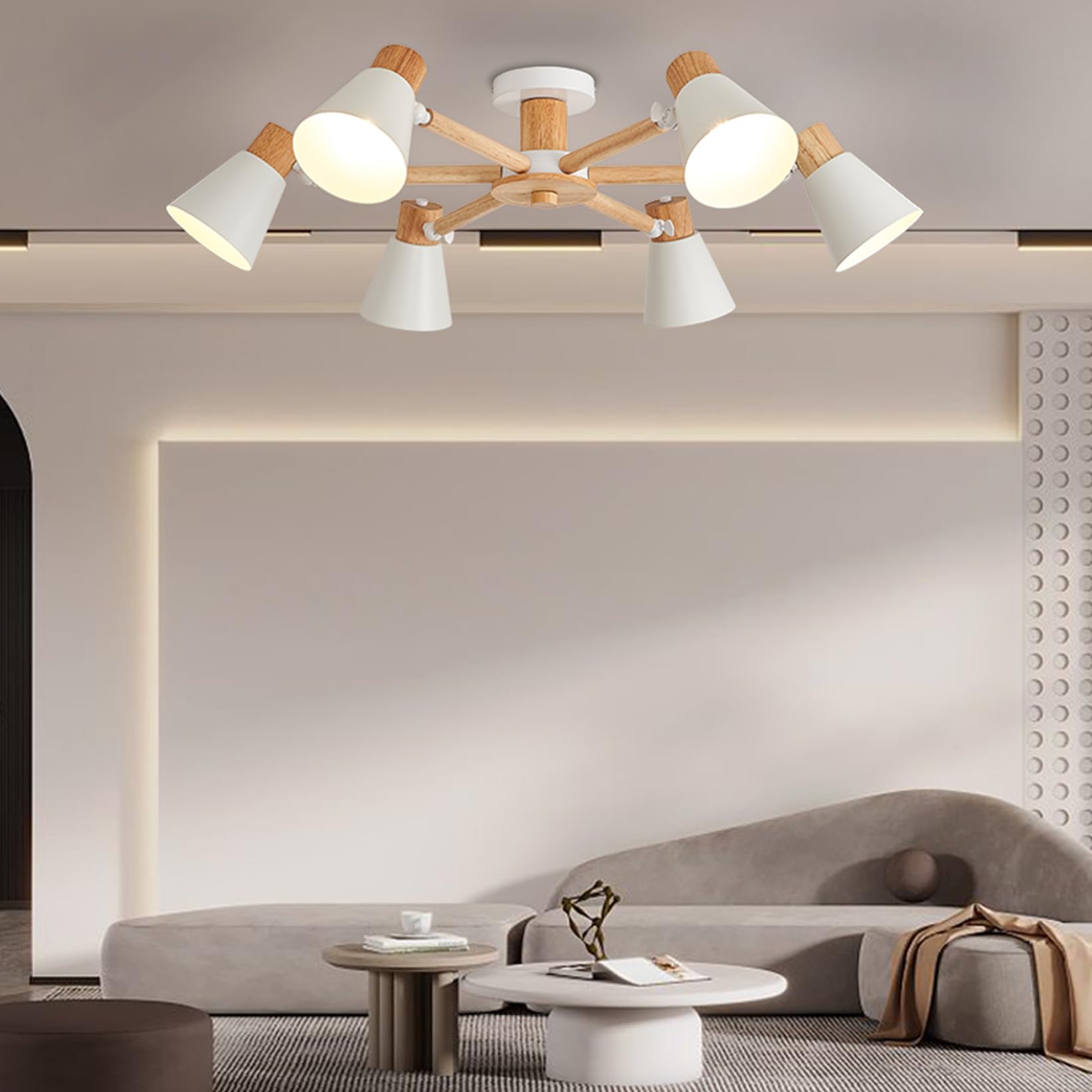 YOODI Lampada da Soffitto, Moderno Plafoniera Soffitto, 6 Luci Lampade a Sospensione, E27 Portalampada Lampadari in Metallo e Legno Massello per Camera da letto, Soggiorno (Lampadina non inclusa)