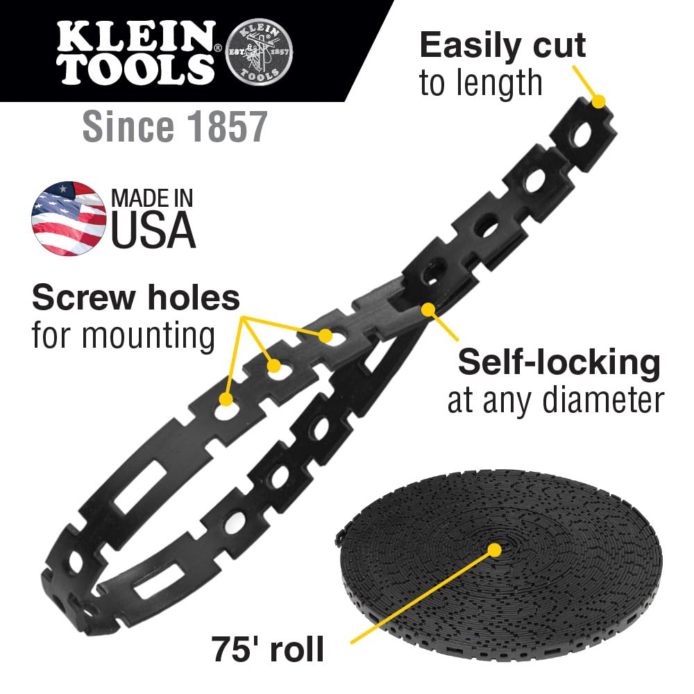 Elastyczna rolka opasek kablowych, zarządzanie kablami do kabli i przewodów z pudełkiem dozującym, pasek nylonowy, do montażu, 75 m Klein Tools 450-700