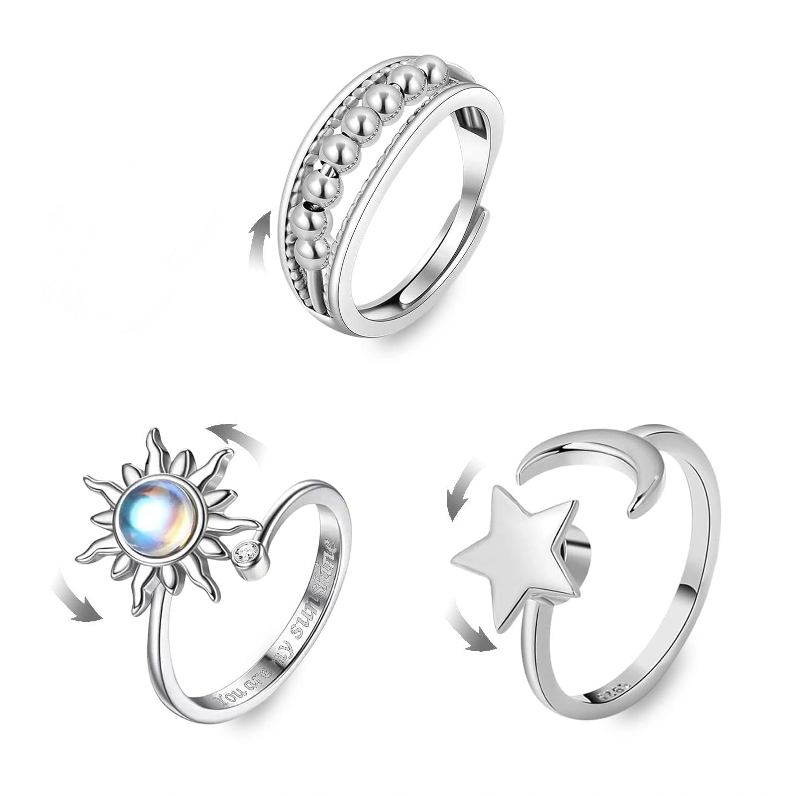 Angst ring voor dames, 925 sterling zilver, gemaakt met opaal, zon en maan, spinner-ring, verstelbaar, open, anti-stress verminderende ringen, sieraad, cadeau voor dames en heren, 57 (18.1), Sterling