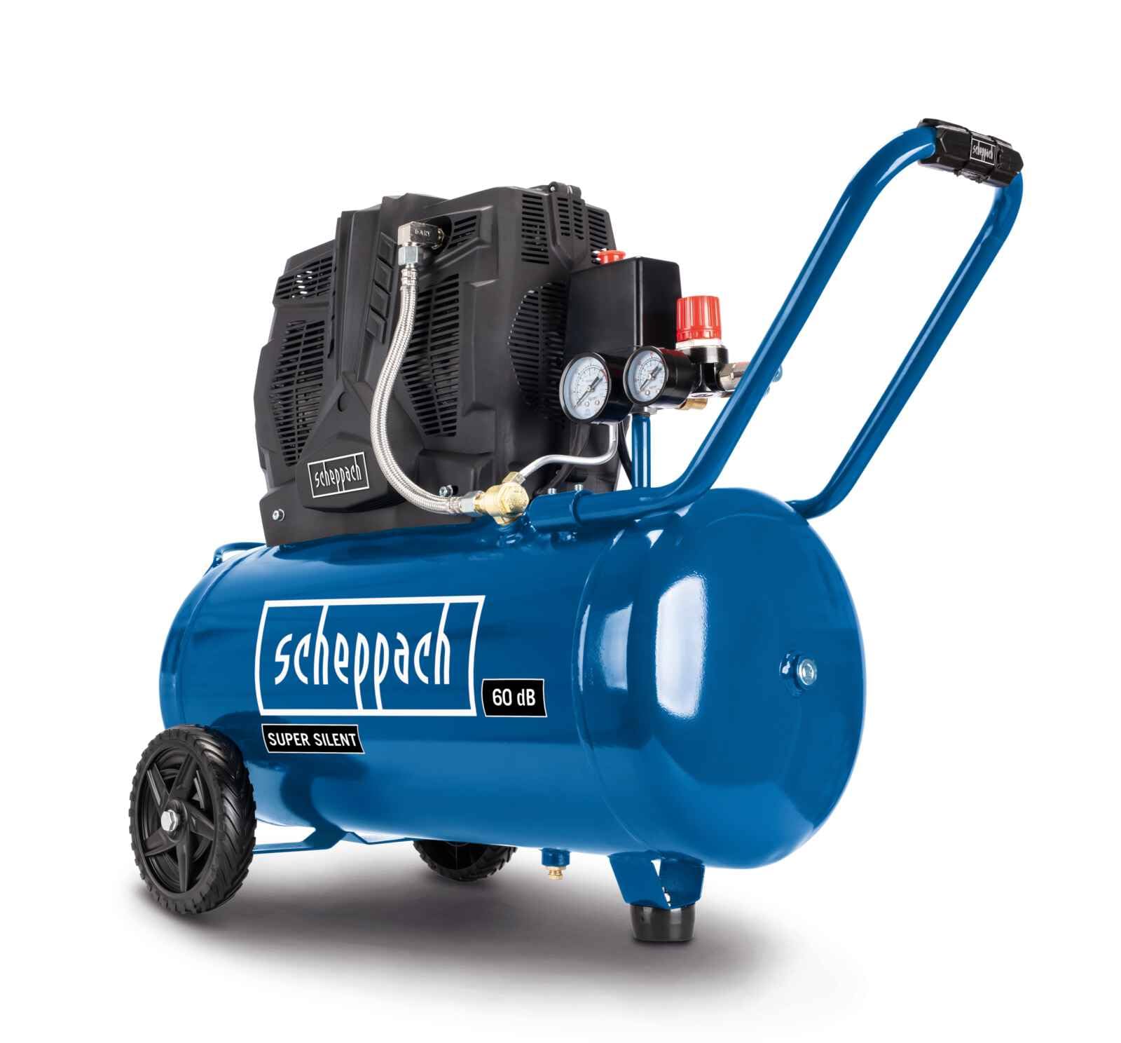 Scheppach Compresseur Bicylindre Super Silencieux HC51Si | 60 dB(A) | Cuve de 50L | 8bar | Sans huile et faible entretien | Admission d'air 300 l/min | 1500W | 2 Manomètres & Raccords Rapides