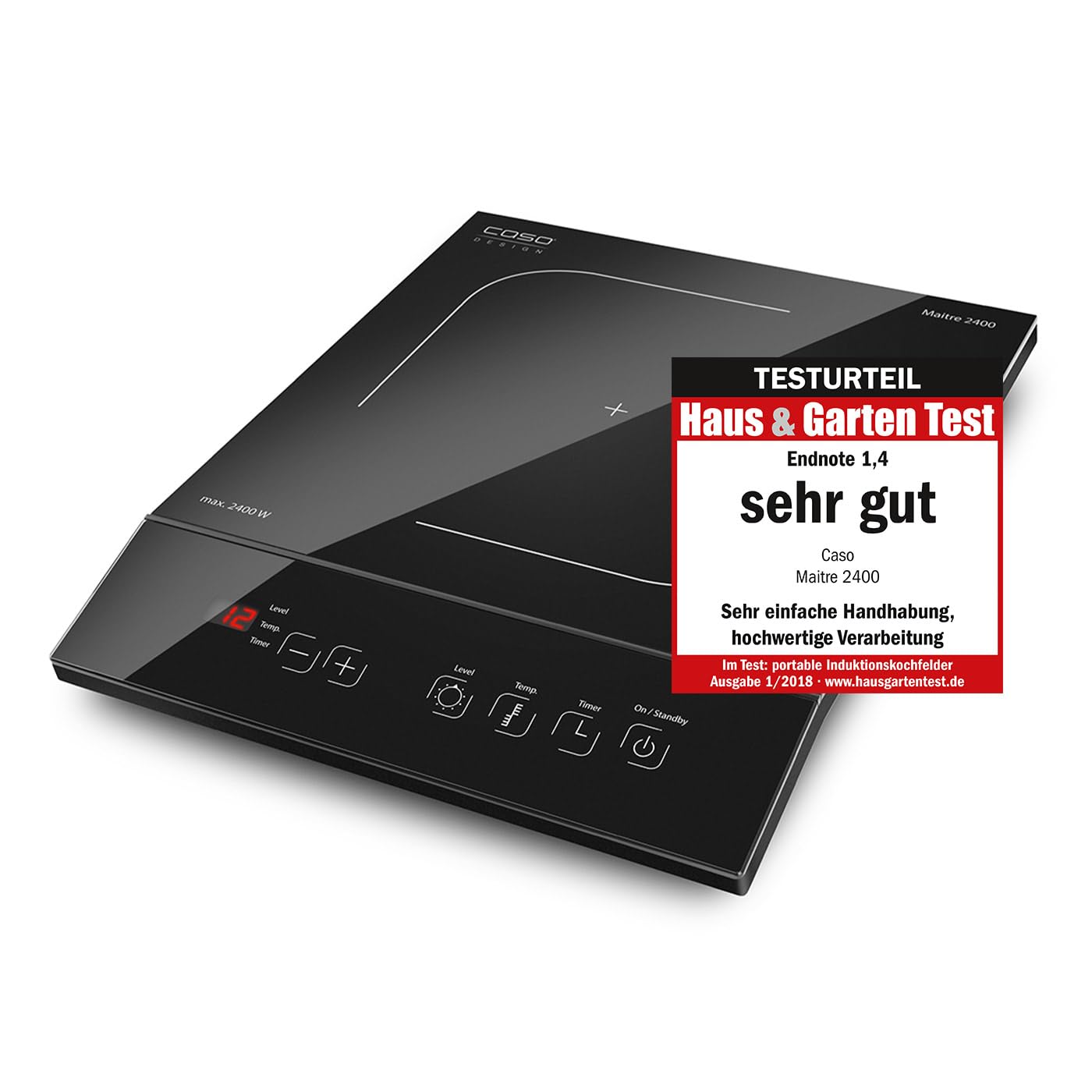 CASO Maitre 2400 mobilna płyta indukcyjna, SmartControl na 12 poziomach, 60-240°C, timer do 180 min, garnki do 26 cm, 2400 W, ceramika szklana
