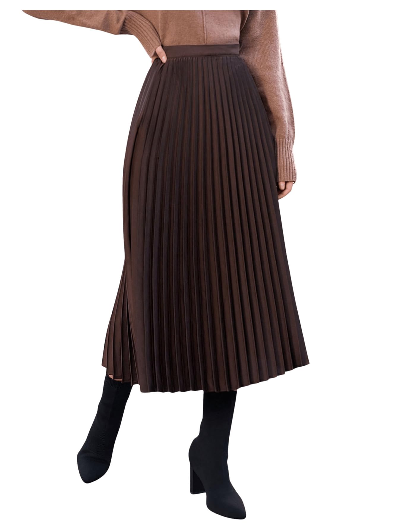 Milumia Womens Elegant High Waist Pleated Midi Skirt Ruffle Hem Flowy A Line Skirts