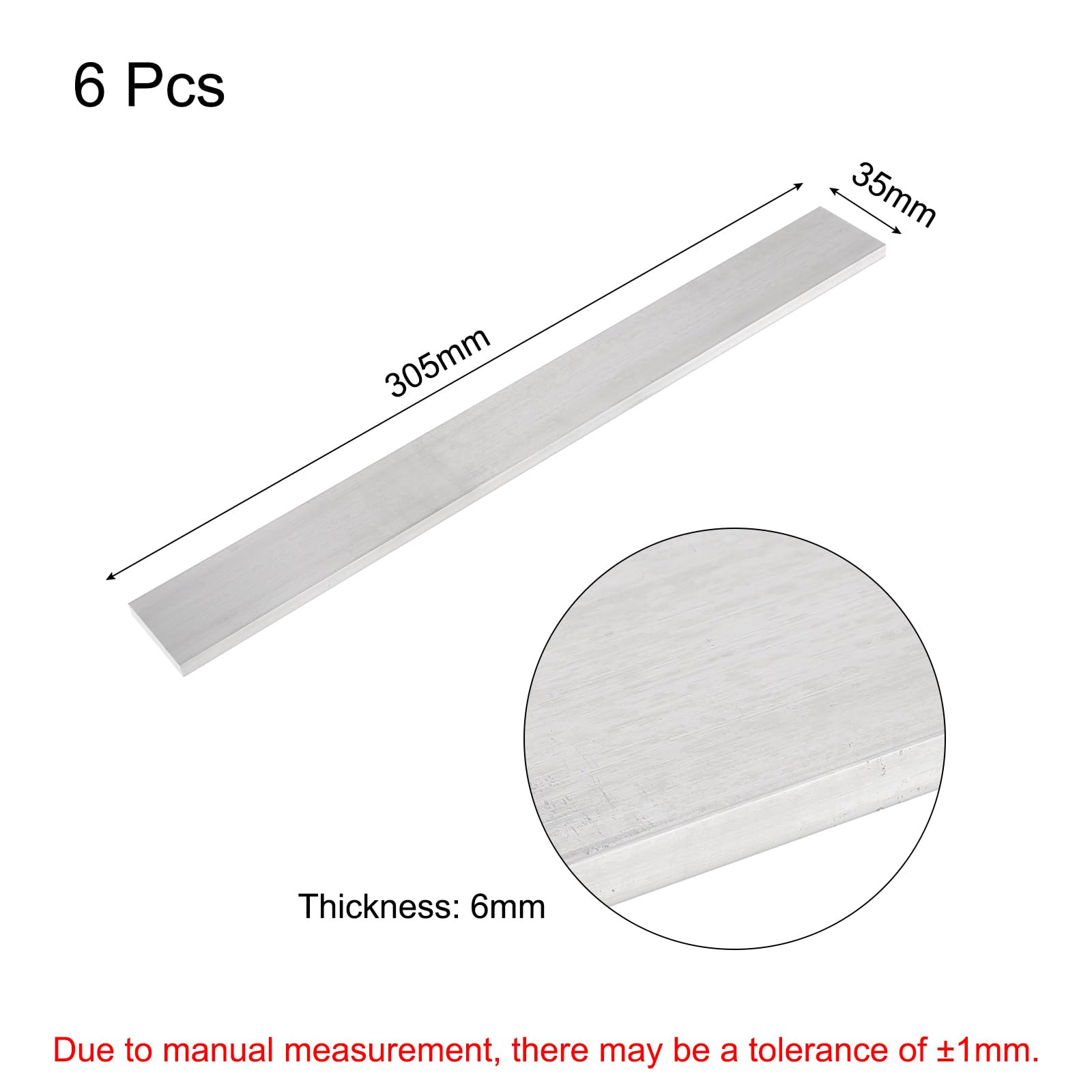 QUARKZMAN 6 Pcs Barre Plate Carrée En Aluminium, 1/4" (6mm) D'Épaisseur x 1 3/8" (35mm) De Largeur x 12" (305mm) De Longueur 6061 Plaque D'Aluminium Pleine Nouveau Stock D'Usine Argent