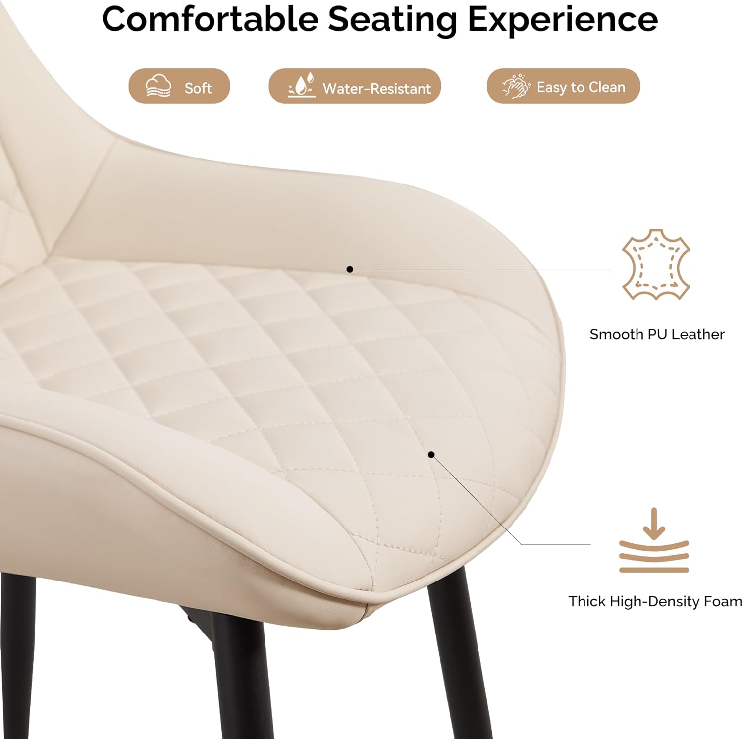 Dining Chair Set of 6, Modern Dining Chairs with Thick Cushions, Faux Leather Upholstered Kitchen Dining Room Chairs with Metal Adjustable Legs for Dining Living Room, Beige