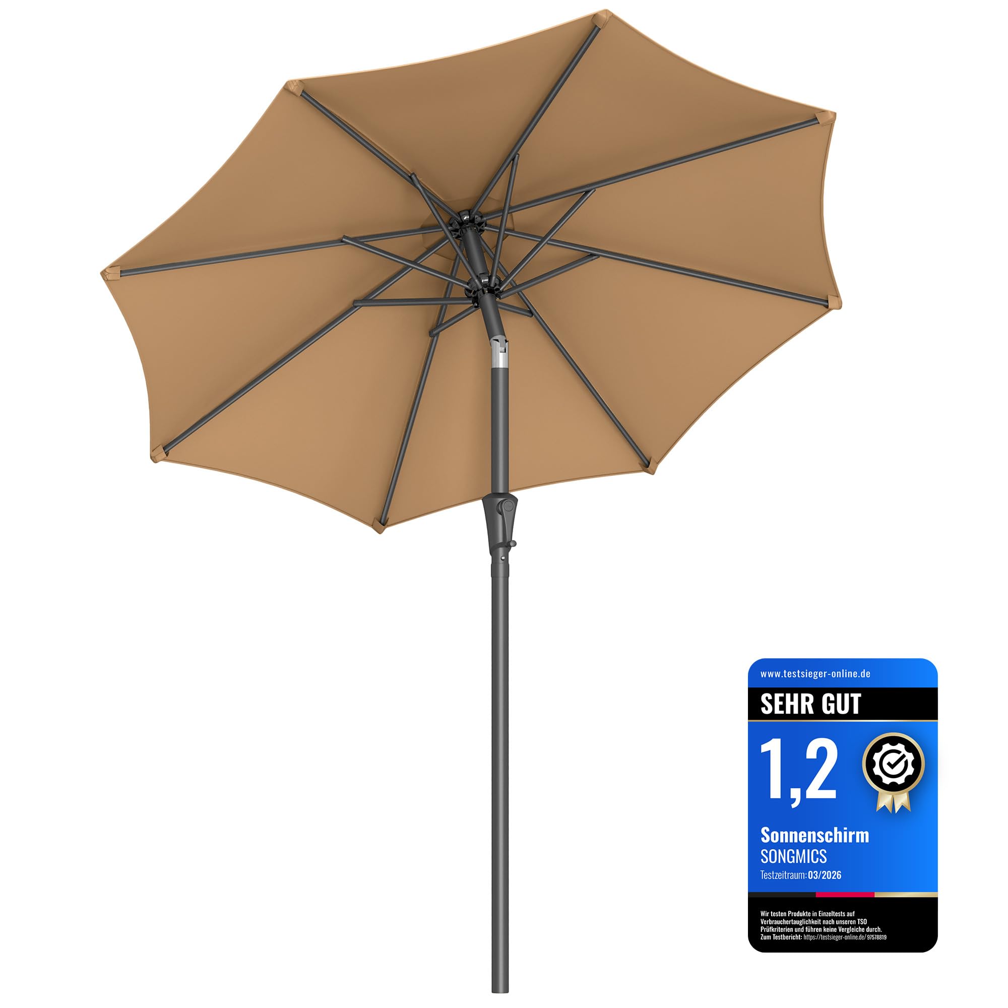 SONGMICS Gartenschirm 210 cm, Sonnenschutz UPF 50+, Sonnenschirm, Neigung 30°, mit Kurbel, für Terrasse, Balkon, Pool, ohne Sockel, Taupe GPU202K01