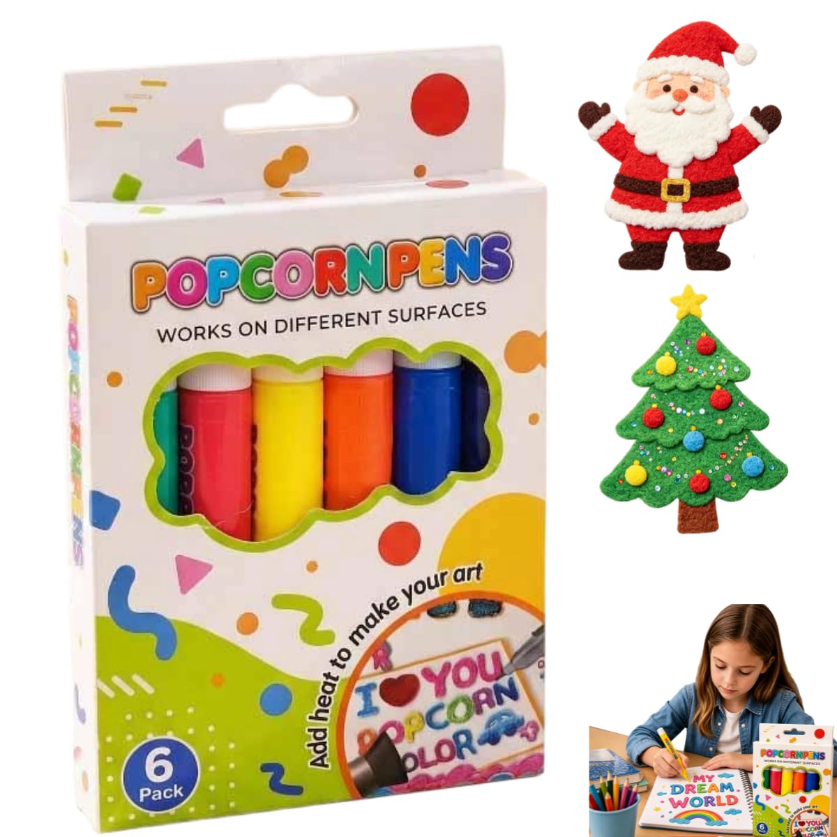 Popcorn Pens, DIY Bubble Popcorns Drawing 3D Relief Art Pen Set of 6