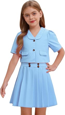 Kids Girls 3 Piece Outfits School Uniform Suit Button Front Crop Blazer Jacket With Cami Tops Pleated Skirts Set Light Blue 7-8 Years