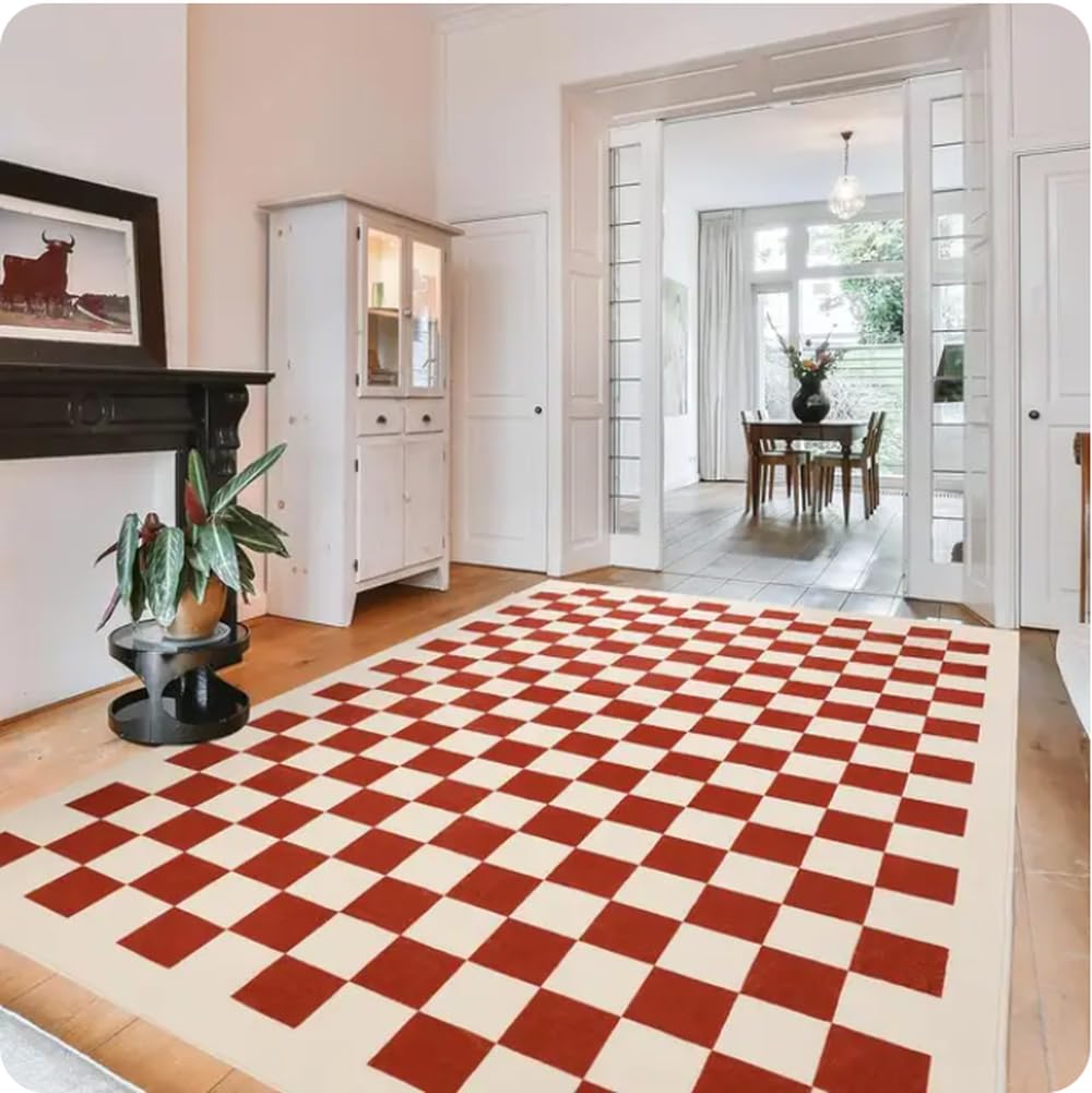 Tapis à carreaux rose pour salon moderne et cocooning, format 80x150cm
