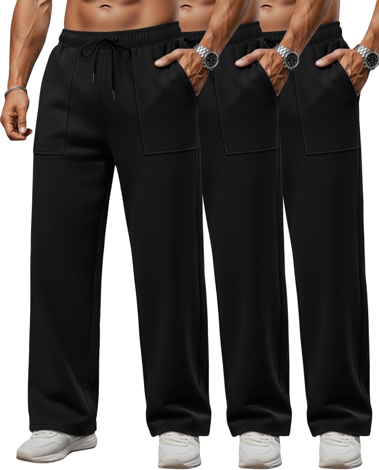 3 Pack Men's Sweatpants Wide Leg Baggy Casual Lounge Pants Open Bottom Drawstring Athletic Pants with Pockets