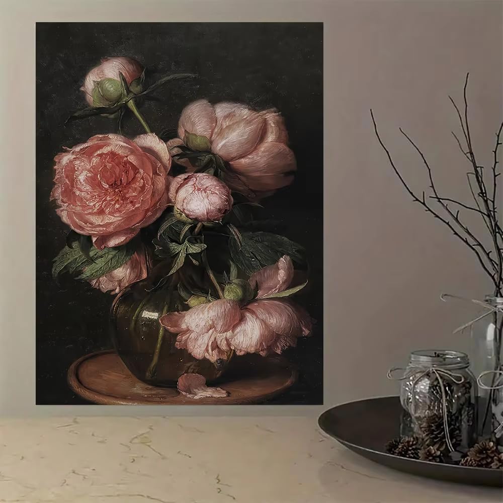 IHHGNB Classic Vintage Wall Art Black Background Pink Floral Canvas Prints Poster Home Bedroom Farmhouse Bathroom Decoration(70x90cm(26x35in)/No frame)
