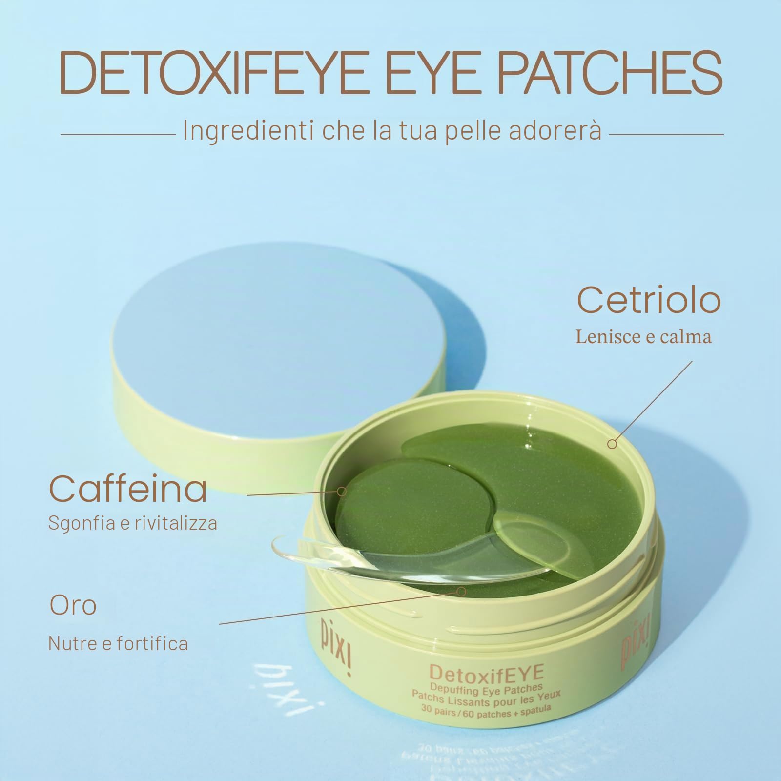Pixi Detoxifeye Depuffing Hydrogel Under Eye Patches, Acido Ialuronico, Gold Caffeine Eye Patches per la zona sotto gli occhi, Idrata la zona degli occhi, 30 paia, 60 cerotti