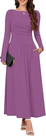Womens 2026 Spring Fall Maxi Dress Casual Long Sleeve Crewneck Drop Waist Pleated A Line Flowy Dresses with Pockets