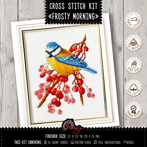 Povitrulya Tit Bird Counted Cross Stitch Embroidery Kit for Adults 'Frosty Morning', White - Image 2
