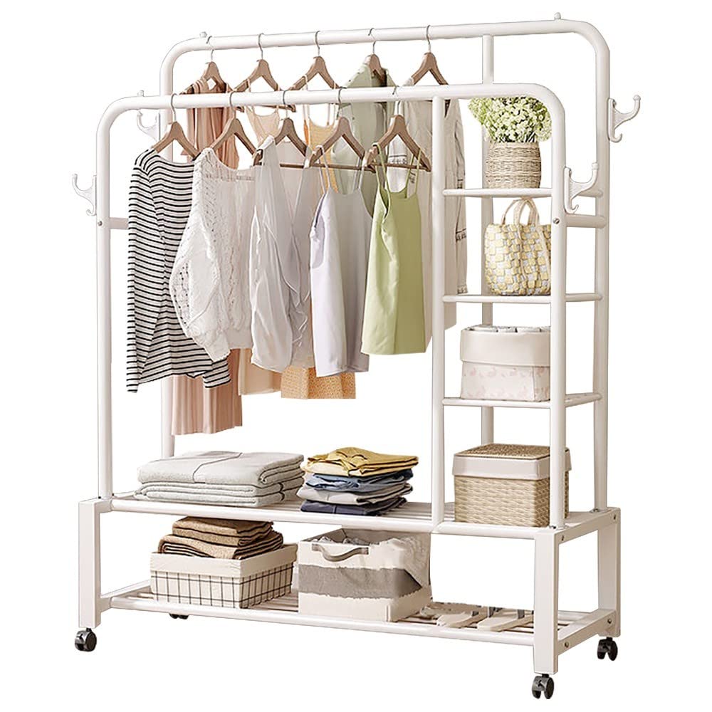 MYUYEE Metal Coat Rack Stand, 3-In-1 Design Coat Stand With 2-Tier Shoe Stand, With 4 Hooks, Maximum Load 150Kg, For Living Room, Hallway, Bedroom, L:110Cm/130Cm/150Cm, Easy To(White-130Cm)