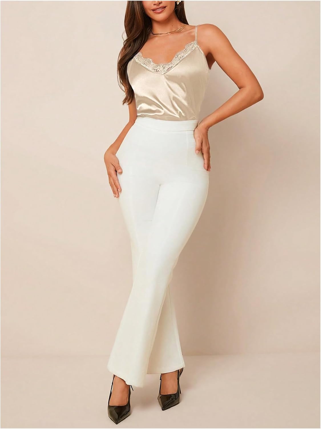 MakeMeChic Women's Satin Lace Trim Cami Top Spaghetti Strap Sleeveless Fall Elegant Tank Tops - Image 5