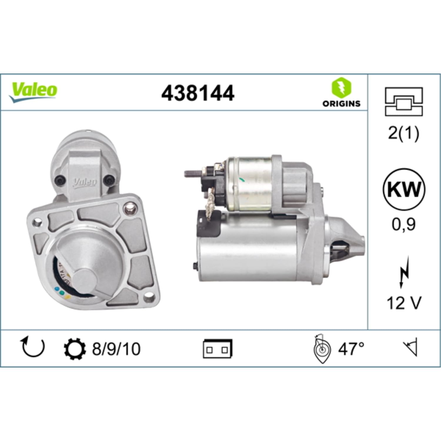 Valeo Motorino d'Avviamento 438144 - 0,9 kW - 8/9/10 Denti - 12 V | Compatibile con: ABARTH 124 Spider, 500 / 595 / 695, 500C / 595C / 695C, GRANDE PUNTO, ALFA ROMEO GIULIETTA, MITO