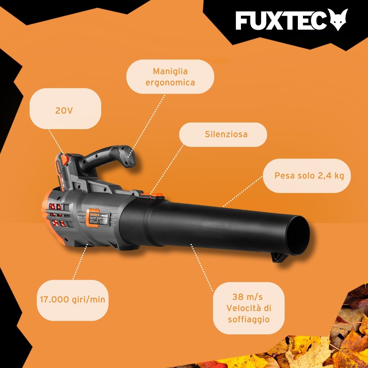 Soffiatore a batteria 20V FUXTEC FX-E1LB20, SET con Batteria 4 Ah e caricatore 2,4 A, velocita’ aria 38m/s, leggero e silenzioso- soffiafoglie per la cura del vostro giardino