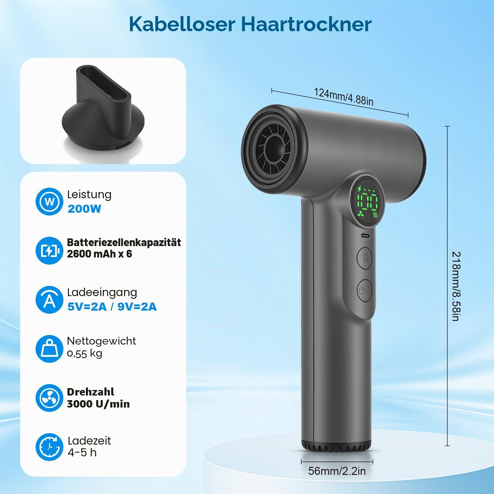 200W Akku Föhn Kabellos, Kabelloser Föhn Tragbarer Akku Haartrockner mit 3 Geschwindigkeiten und 3 Temperaturen, Akku Fön Haare mit Digital Bildschirm, Föhn Kabellos Aufladbar für Reisen, Camping
