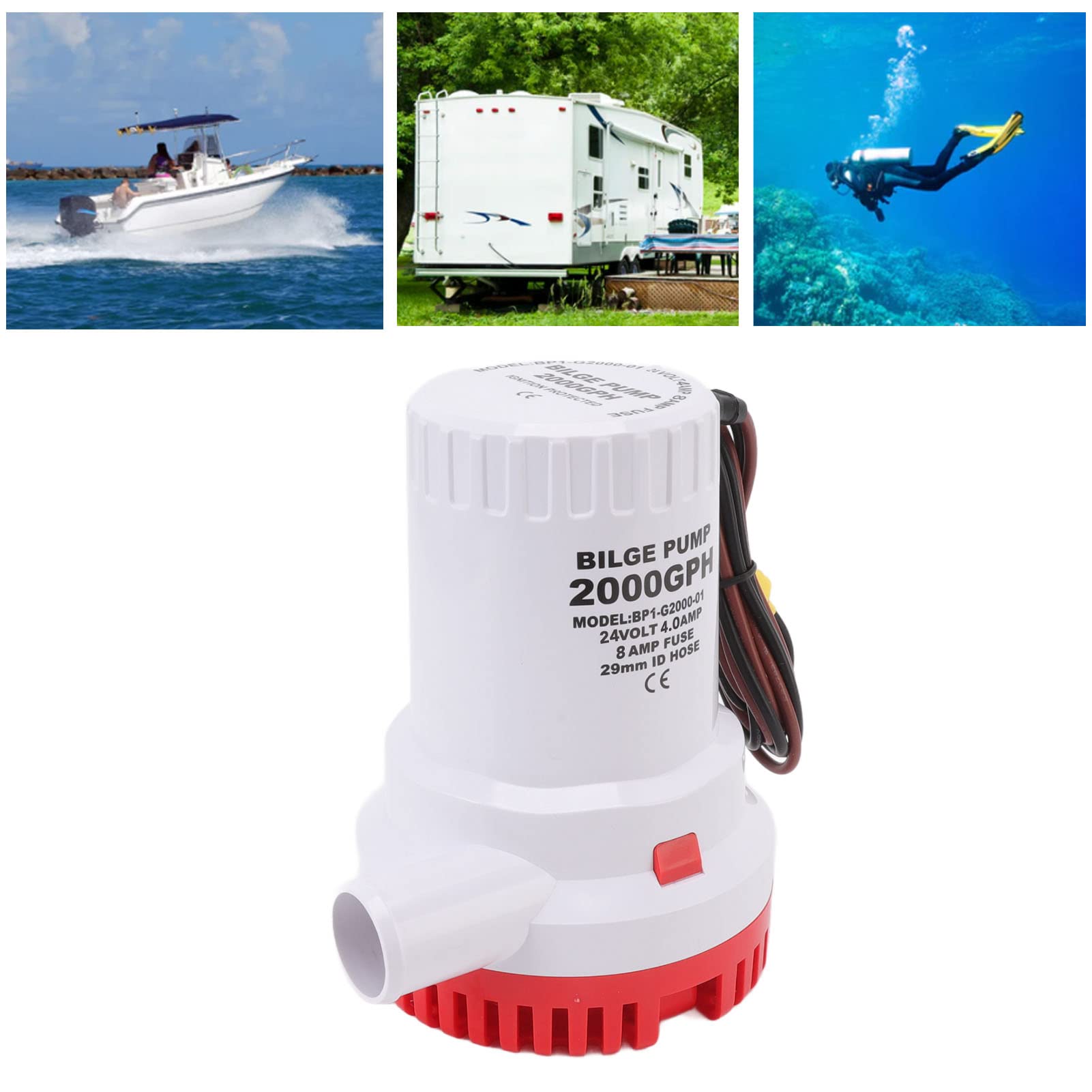 Pompe da Bilge per Barche, Pompa per Bilge Marina Automatica da 2000 GPH per la Pompa per Bulge per la Barca Marina Sommergibile per Stagno, Piscine, Spa (24 V.)