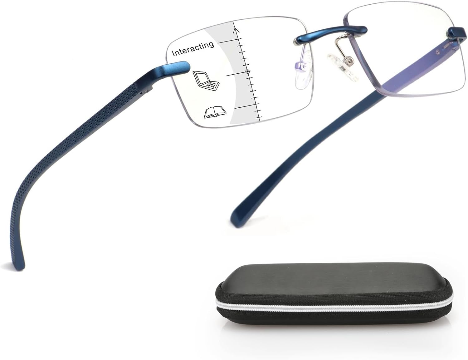 Missfive Premium Aluminum Progressive Multifocus Reading Glasses Men Blue Light Blocking, No-Line Spring Hinge Rimless Office Multifocal Metal Readers, Workspace for Near Range, 1.75x, Sapphire