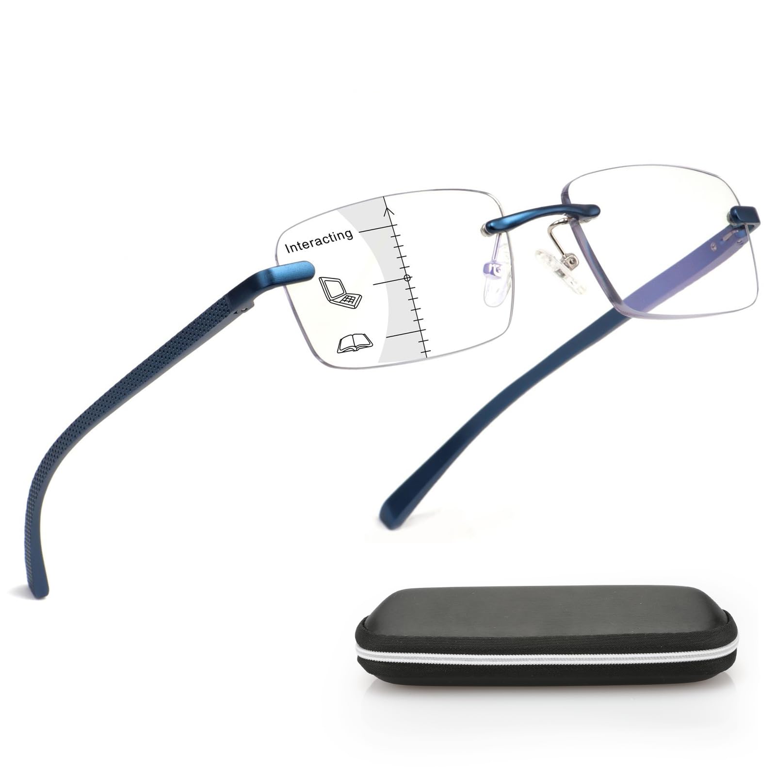 Missfive Premium Aluminum Progressive Multifocus Reading Glasses Men Blue Light Blocking, No-Line Spring Hinge Rimless Office Multifocal Metal Readers, Workspace for Near Range, +3.0, Sapphire