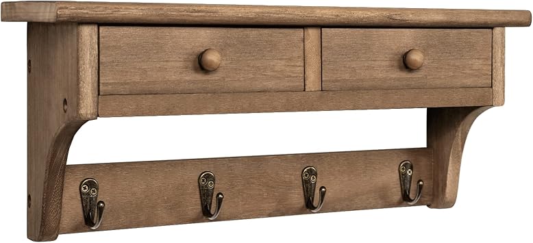 Emfogo Coat Hooks Mounted, Rustic Wood Coat Rack Mount Shelf with Hooks, Farmhouse Coat Rack with Shelf & Coat Hook for Entryway, Mudroom, Bedroom, Kitchen, BathroomWalnut