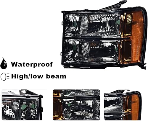 Miniatura 6 de CHEDA Faros delanteros, compatibles con GMC Sierra 1500 2500HD 3500HD 2007-2013, faros delanteros de cristal, lente transparente, carcasa negra