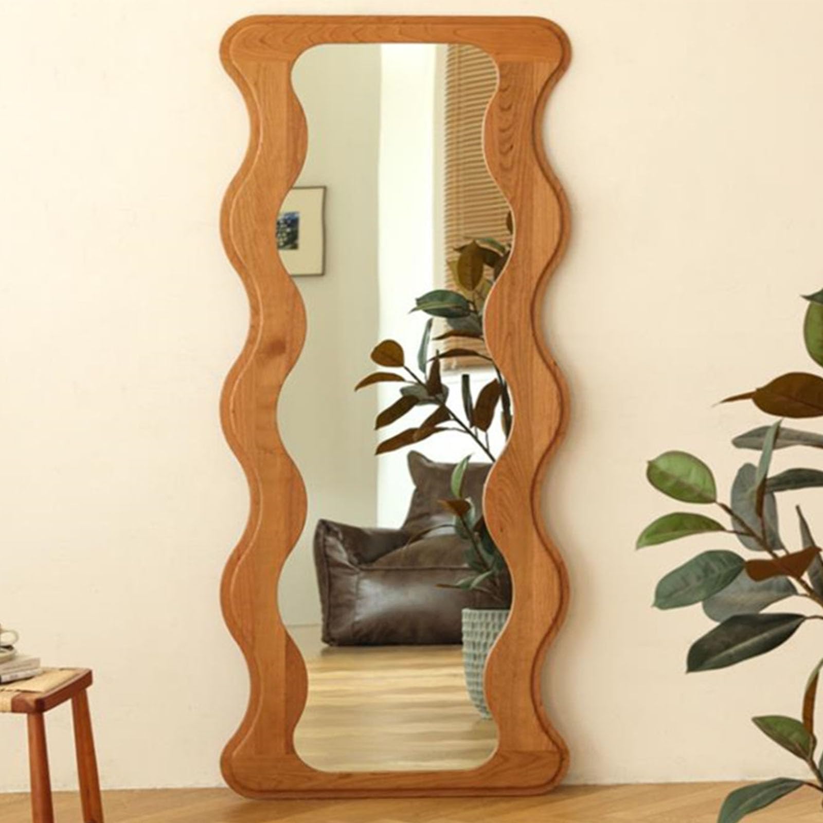 65" x 24" Full Length Mirror Wooden Framed Wavy Full Body Mirror Shatter-Proof Mirror Hanging/Leaning Wall Mirror for Dressing Bedroom Living Room