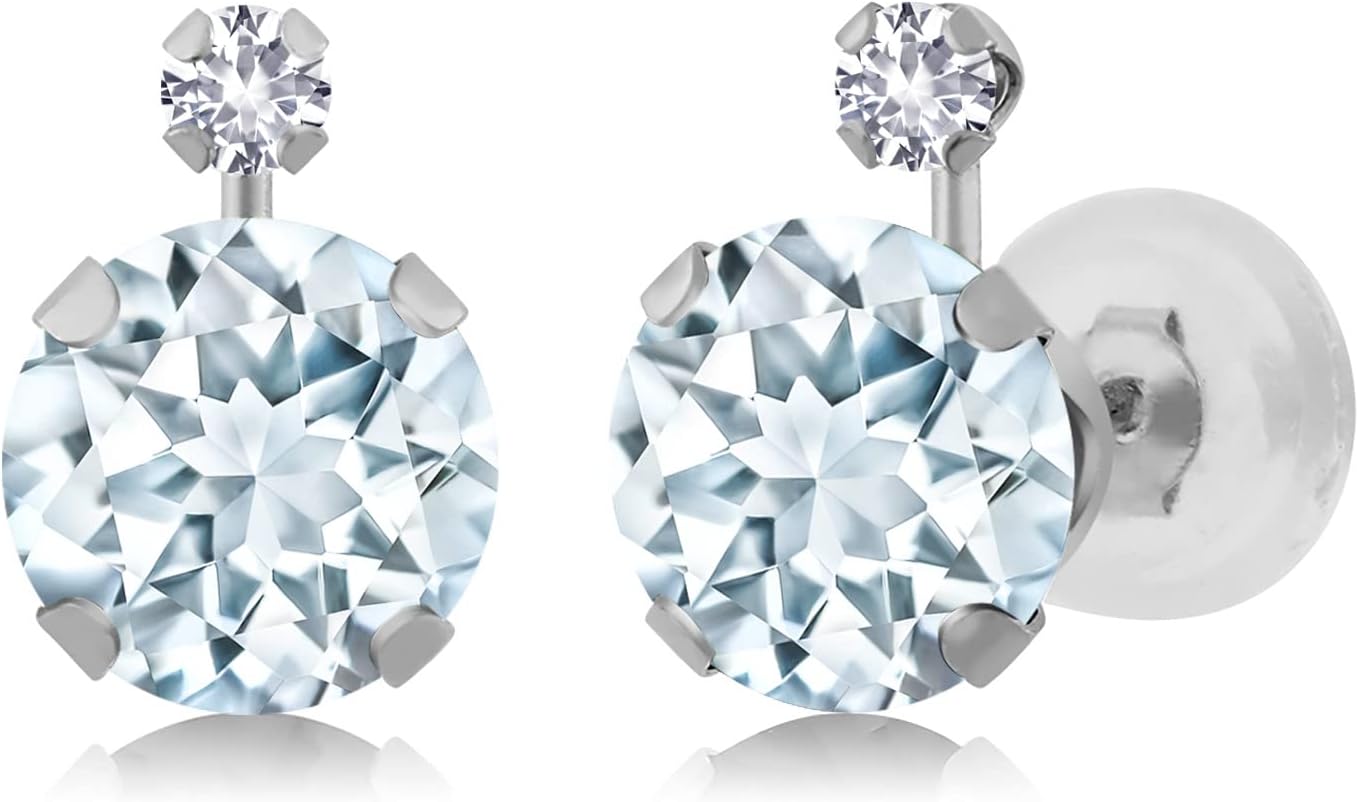 Gem Stone King 14K White Gold Sky Blue Aquamarine and White Created Sapphire Earrings For Women | 1.58 Cttw | March Birthstone | Round 6MM | Fine Jewelry Gifts for Her Mom Women Wife