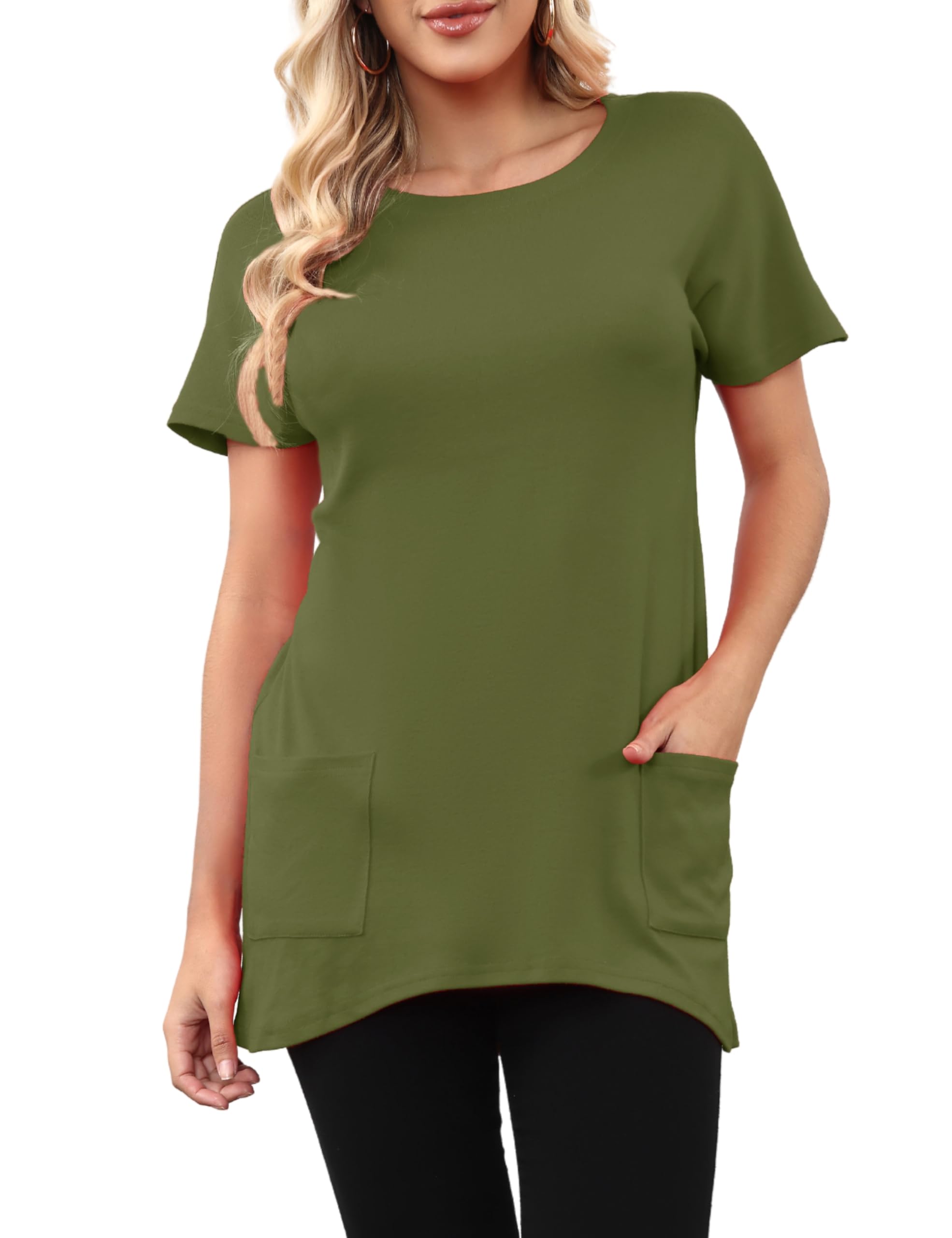 Melynnco Womens Casual Summer Tunic Tops to Wear with Leggings Short Sleeve Long Shirts with Pockets