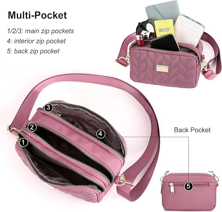 Ladies Crossbody Bag Multi-Pocket Shoulder Bag Waterproof Nylon Handbag Small Cellphone Purse Wallet for Women - Image 3