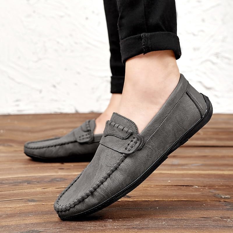 Men's Loafers Solid Color Round Toe PU Leather Flat Heel Comfortable Flexible Wedding Slip-ons4