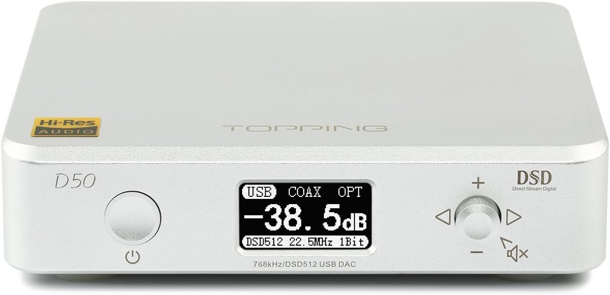 TOPPING D50 HiFi Audio DAC ES9038Q2M2 XMOS XU208 DSD512 USB 32Bit/768KHz DSD512 Decoder (Silver)