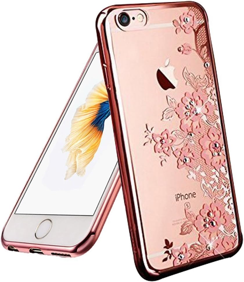 iPhone 6 Plus Case, 6s Plus Case, V [Flower Series] Slim Dual TPU Rubber Back Cover with Pink Flower and Bling Sparkle Glitter Stone Diamond Case for iPhone 6 Plus/ 6s Plus 5.5 inch - Rose Gold