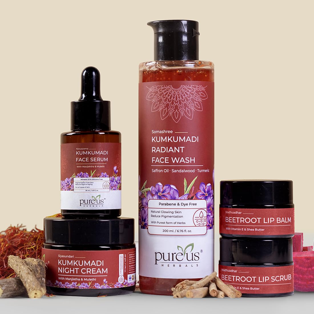 Pureus Herbals Kumkumadi Complete Kit (Face Serum+Night Cream+Face Wash+ Beetroot Lip Balm & Lip Scrub) for Natural Radiance & Healthy Lips | Combo for Glowing Skin for Women & Men 300 ml