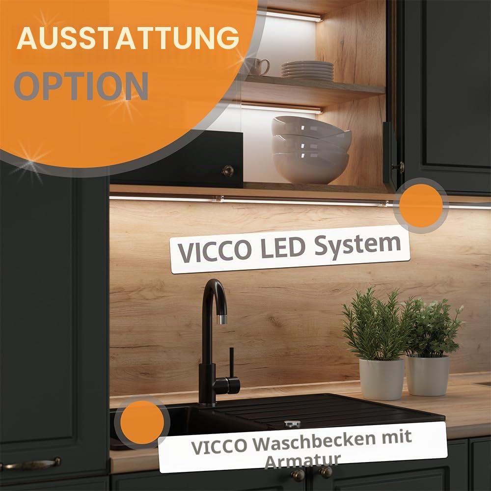 Vicco Eckküche Fame-Line, Anthrazit Hochglanz/Eiche, 190 x 160 cm | 10 Module · Höhenverstellbare Füße · Ohne Arbeitsplatte · MDF-Fronten · Softclose · Metallgriffe