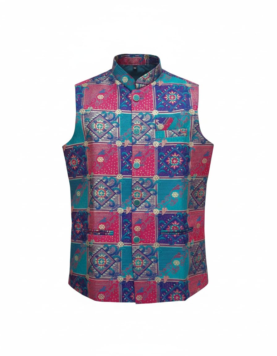 tatvivah Mens Ethnic Nehru Jacket Waistcoat | Printed Traditional Modi Jacket for Men | Sleeveless Band Collar Festive Wedding | Regular Fit Ethnic Waistcoat for Kurta Shirt Green S-picture-51