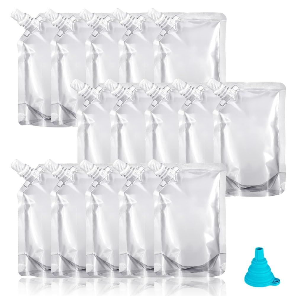 15 Packs Drink Pouches Refillable Drink Pouches Juice Pouch Bags Leak Proof with Spouts Funnel Beverage Portable Bags Festival Essentials for Parties, Picnic, Travel, Sports, Juice, Water,Home(500 ML)