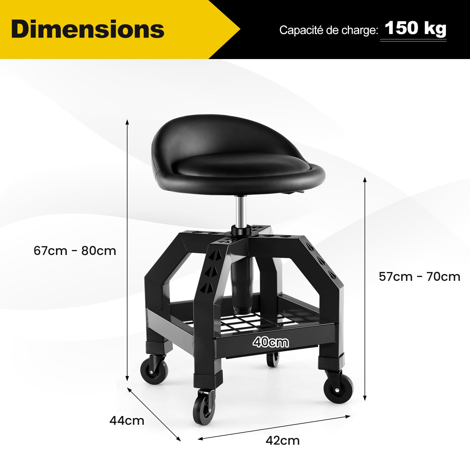 GYMAX Tabouret d'Atelier à roulettes, avec Porte-Outils, Siège Réglable en Hauteur 57-70cm et Pivotant à 360°, Rembourrage d'Éponge Confortable, pour Usine, Garage, Réparation, Mécanicien (Noir)