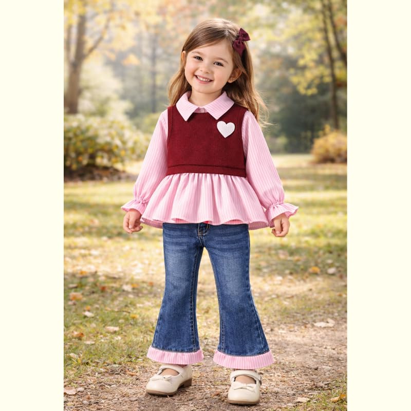 OrJana Completo Bambina 2 Pezzi Primavera Autunno, Camicetta a Righe con Gilet Cuore e Jeans a Zampa, Stile Preppy