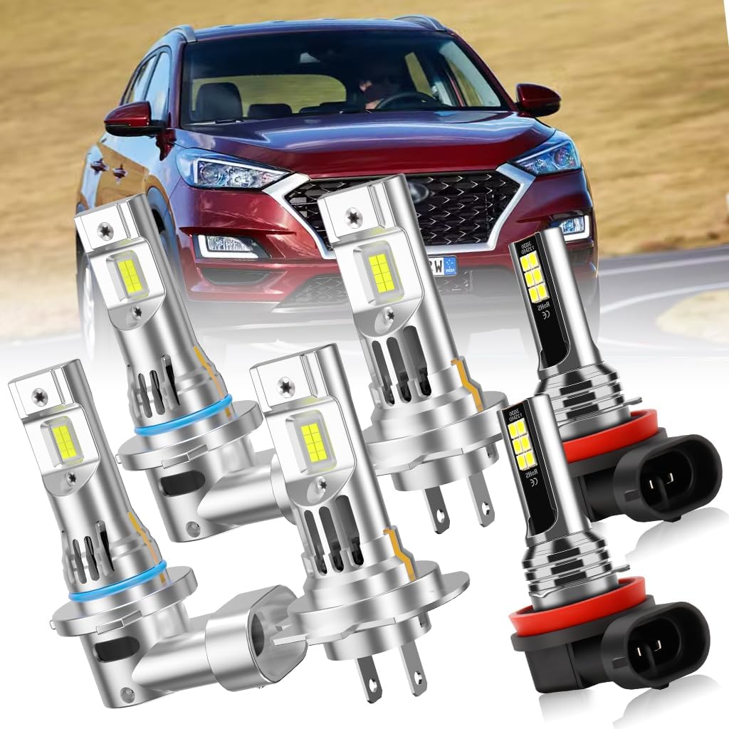 Upgraded LED Fornt Light Bulbs for Hyundai Tucson 2019-2021, 9005 High Beam, H7 Low Beam, H8 (h11) Fog Lights, 6500K, 400% Brightness, 22000LM, Built-in Fan, Direct Plug and Play, 6-Pack