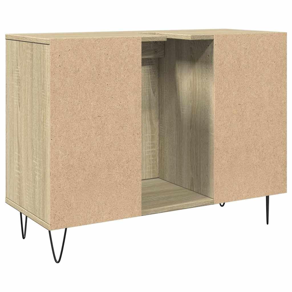 Szafka łazienkowa dąb Sonoma 80 x 33 x 60 cm, materiał drewnopochodny z żelaznymi nóżkami, 4 półki, drzwi montowane po lewej lub prawej stronie, meble łazienkowe, miejsce do przechowywania