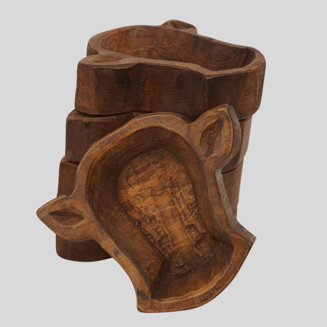 large cow head wooden dough bowl for decor or candles centerpiece christmas birthday gift one unique brown hand carved bowl approx. 10 to10.5 x 11 to11.5 x2.