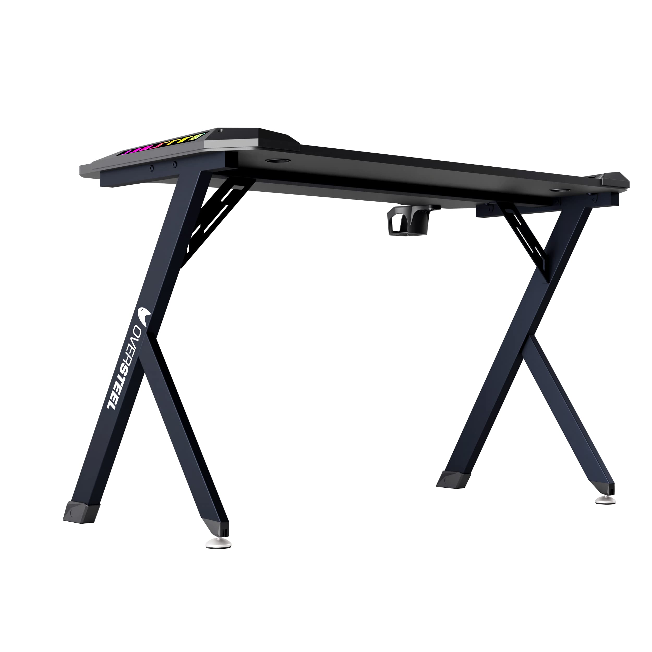 Oversteel - Vitallium Mesa Gaming 120x60x75 cm, Luz LED RGB, Superficie de Fibra de Carbono, Ergonómica, Soporte para Vasos y Auriculares, Escritorio de Ordenador, Negro