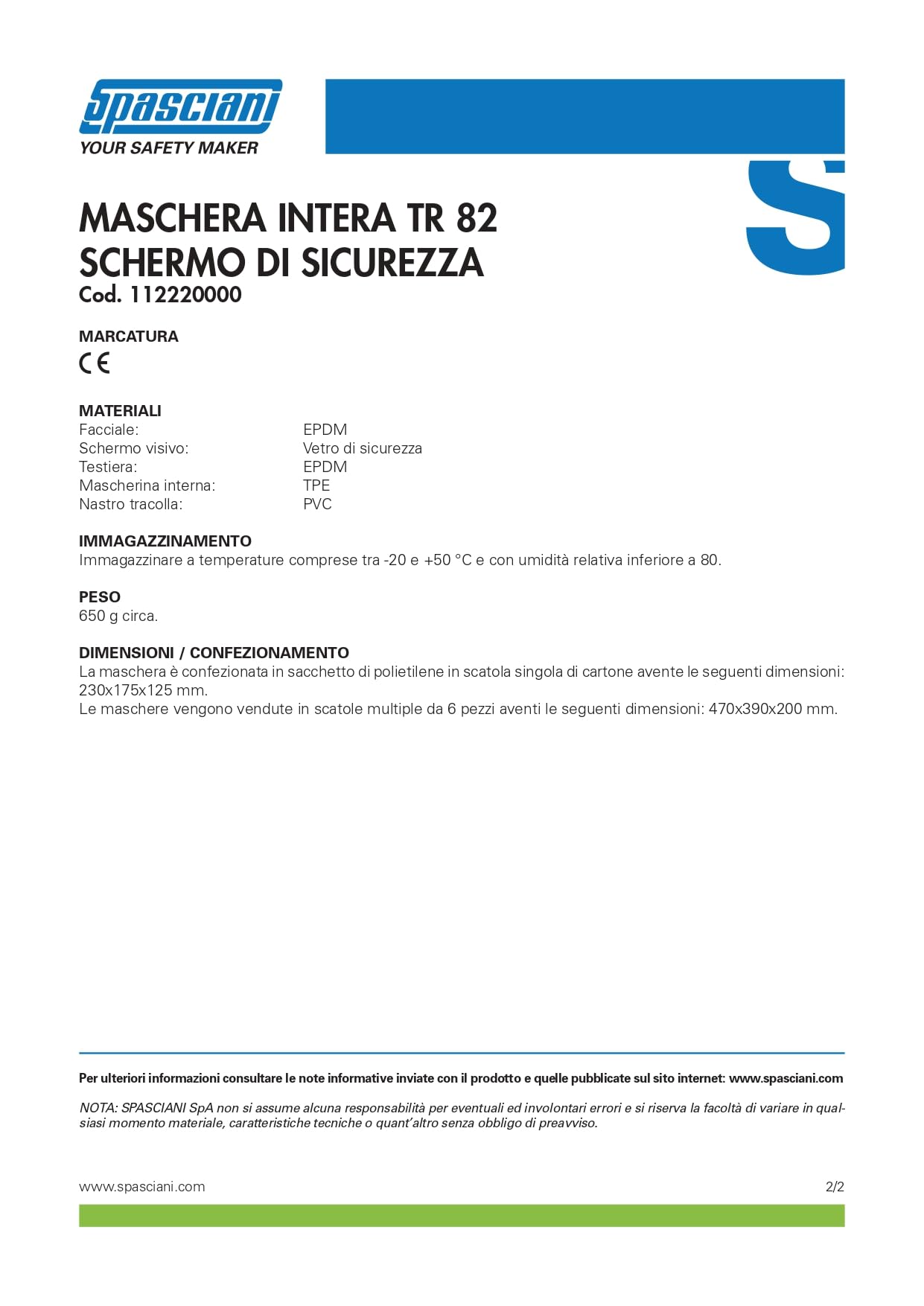 Generico Maschera Pieno Facciale con Vetro di Sicurezza Spasciani TR 82 Respiratore DPI Professionale 112220000