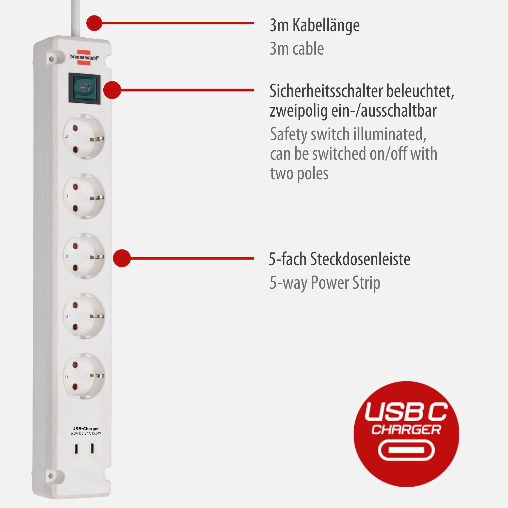 Bremounta H05VV-F3G1.5 5-Way USB C Socket with 2 Charging Sockets White 3 m