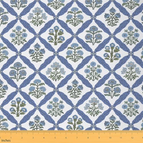 Erosebridal Blue White Flowers Fabric by The Yard Botanical Chrysanthemum Waterproof Outdoor Decor Daisy Retro Floral Garden Upholstery Decor DIY Decor for Quilting Sewing 1 Yard