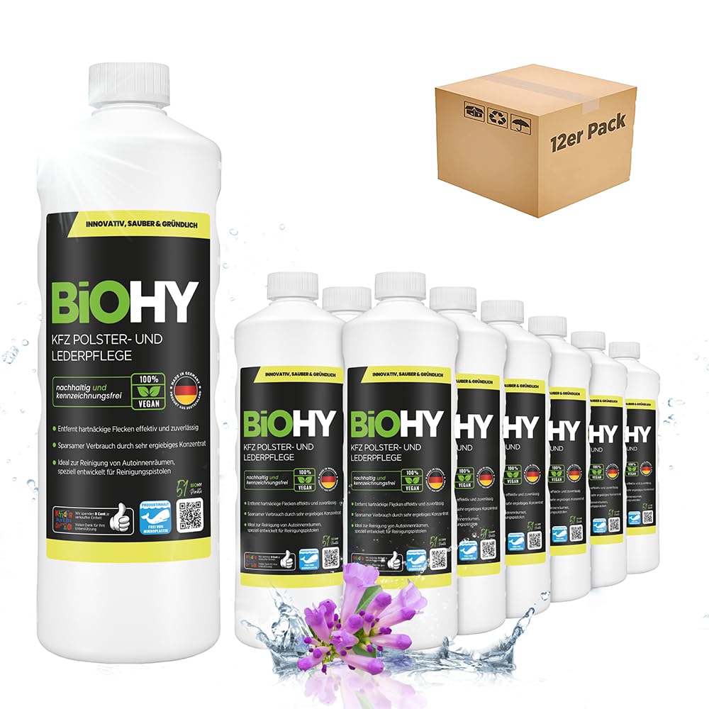 BiOHY Cuidado de tapicería y piel para (12 botellas de 1 litro) | limpia todo el interior del coche | Quitamanchas para asientos de | deja un olor agradable (KFZ Polster)