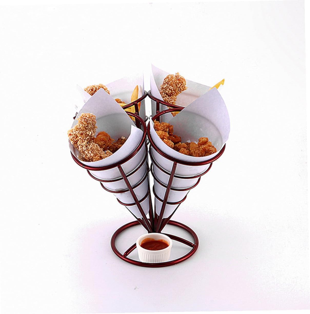 Wine Red French Fry Stand Holder Iron Snacks Cone Basket Rack for Fries Chips Fish Chicken Appetizers Rust-resistant Reusable Party Picnic Use