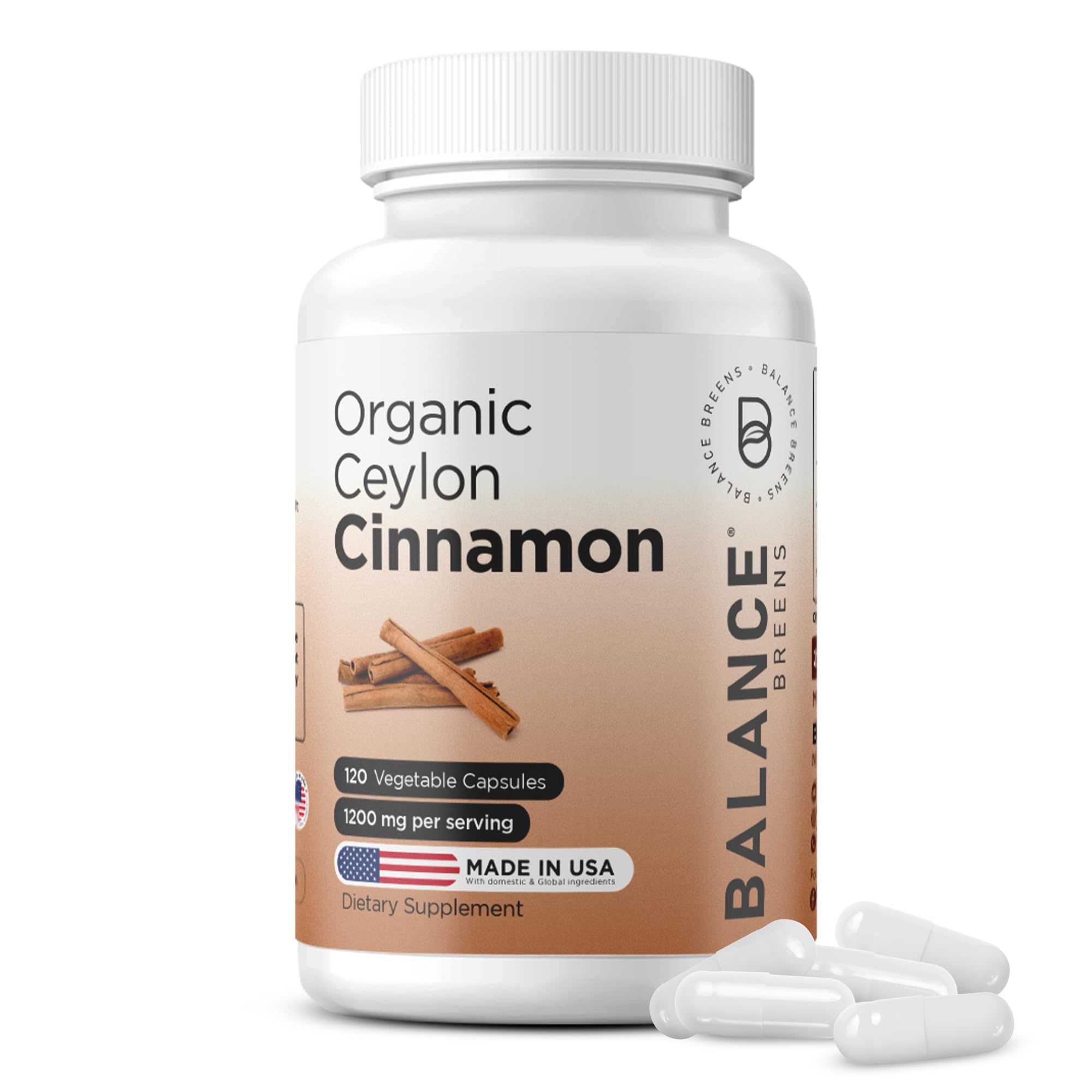 Balancebreens Certified Organic Ceylon Cinnamon 1200mg Supplement - 120 Veg Capsules - Heart, Brain and Joint Function Support - No Filler Pills (120 Count (Pack of 1))